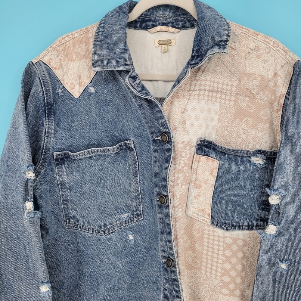 Gimmicks Denim Jacket Womens Medium Boho Distressed Raw Hem Paisley Patchwork
